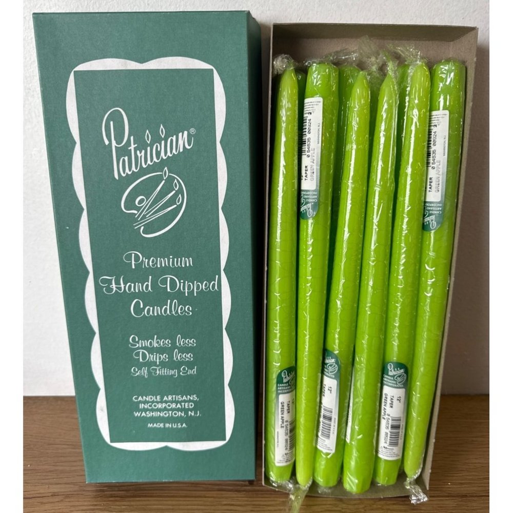 Patrician 12-inch Hand Dipped TAPERED CANDLES Green Apple 12 NEW in Box #2